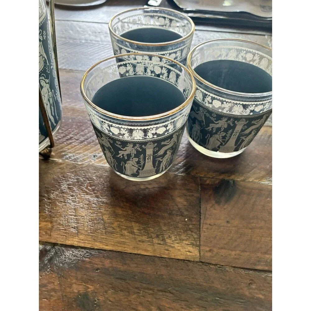 Vintage Greek Key Ice Bucket & 6 Rocks Glasses Grecian Gods MCM Barware Set